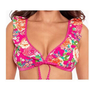Skinny Dippers Pink Floral Ruffle Bikini Top Size L Kiara Polka Dot Tie Front